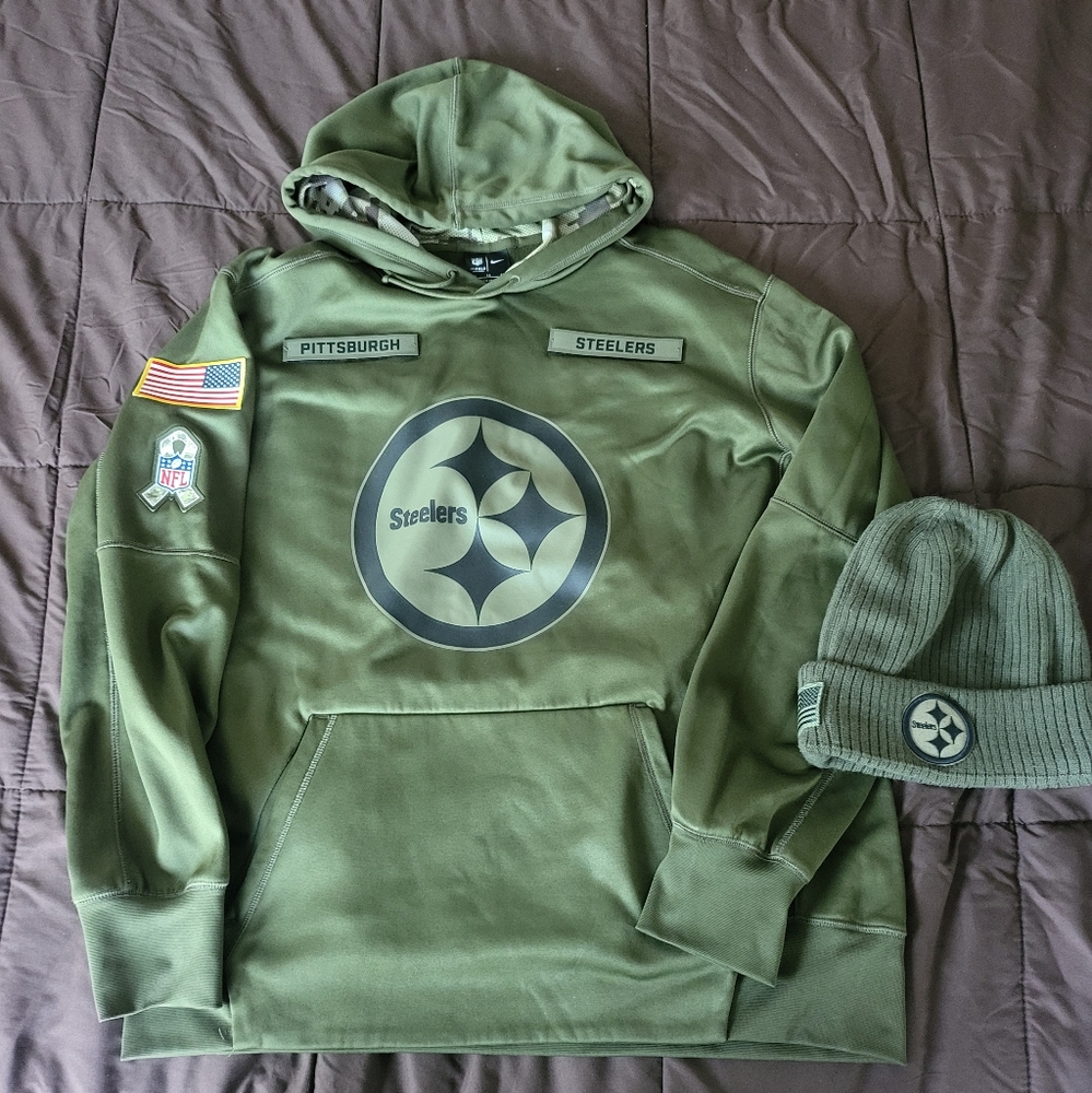 Lightly Used Nike Salute To Service Steelers Olive Green Men's Hoodie and Hat